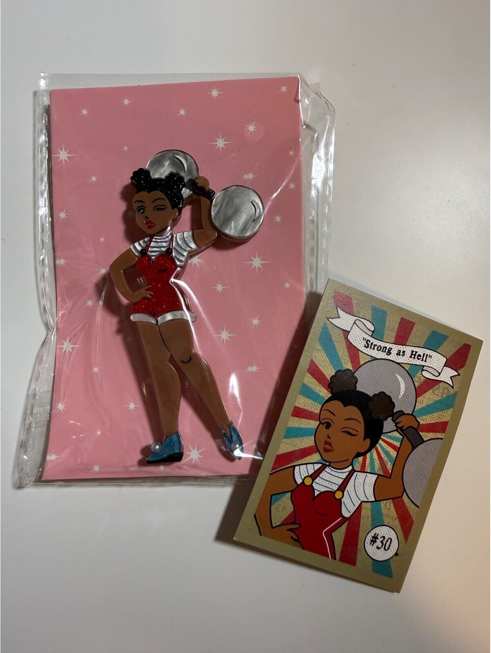 Strong as Hell Brooch Lipstick & Chrome Athlete Pinup Circus Weightlifting BNIB